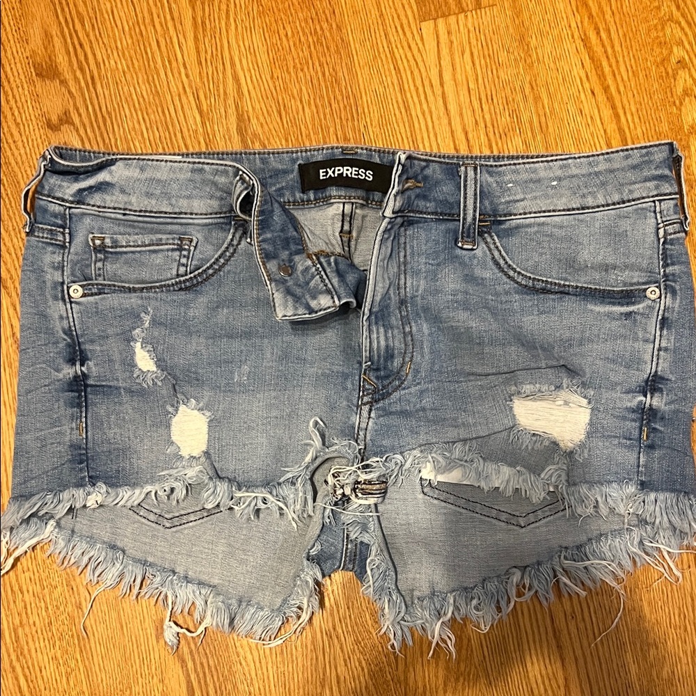 Express Women's Light Blue Distressed Jean Shorts